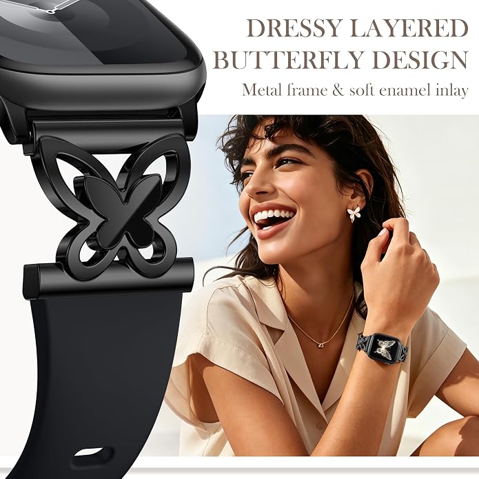 Lerobo Slim Silicone Band Compatible with Apple Watch Bands for Women | Dressy Metal Butterfly 16mm Thin Strap for iWatch Series 11 10 9 8 7 6 5 4 SE Ultra 38mm 40mm 41mm 42mm 44mm 45mm 46mm 49mm