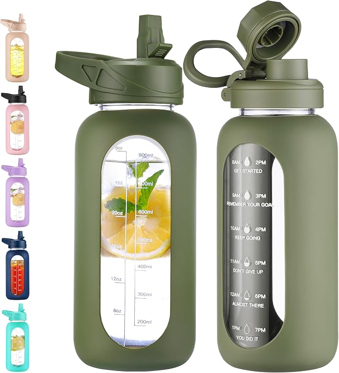 CIVAGO 32 oz Glass Water Bottle with Straw, Large Motivational Water Jug | Time Marker, 2 Leakproof Lids, Wide Mouth, Water Flask Cup with Handle and Silicone Sleeve, for Gym, Sports, Juices, Army