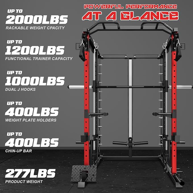 S1-V4 Smith Machine, 2000LBS Power Cage with Cable Crossover System, All-in-One Squat Rack with Smith Bar, Strength Training Equipment for Home Gym