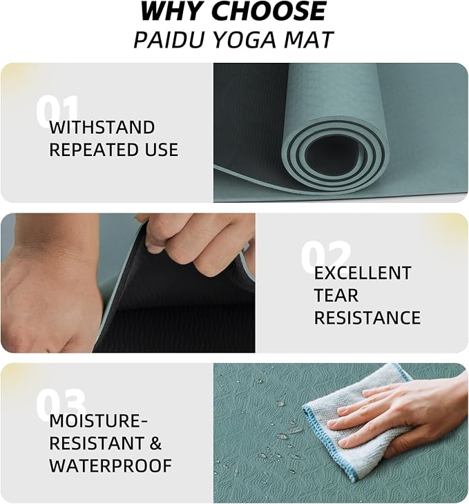 PAIDU Extra Long Wide Yoga Mat, （10mm） Thick Non-Slip Exercise Mat 76"x33" | large mat, ideal for yoga, Pilates & home gym, with non-slip grip & cushioning for all exercises.