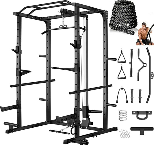 JEEKEE Power Rack with LAT Pulldown, 2000LBS Power Cage with Cable System, Multi-Function Squat Rack with J-Hooks, Safety Bars, Landmine, Pull Up Bar & Attachments for Home Gym Strength Training,Black