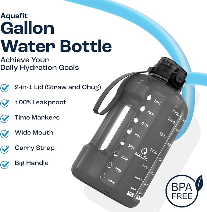 AQUAFIT Gallon Water Bottle with Time Marker, 2in1 Lid | BPA Free 128 oz Water Bottle with 2in1 Straw and Chug Lid - Leakproof Gym Water Bottle with Carry Handle (Purple Haze)