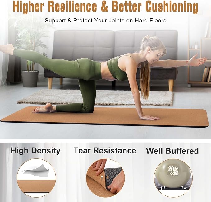 Umineux Cork Yoga Mat 1/4 & 2/5 Inch Thick 72 x 26 in | Thick Cork and TPE Non Slip Yoga Mats for Women Men, Sweat Proof, Sustainable, Great for Hot Yoga & Workouts