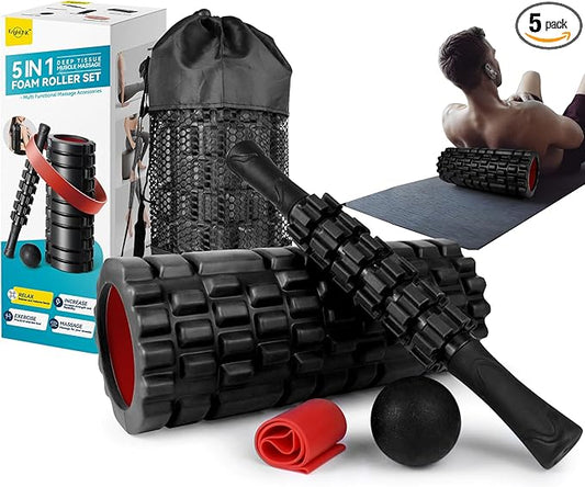 Krightlink 5-in-1 Foam Roller Set High Density Deep Tissue Muscle Massage | Muscle Recovery Kit Exercise Roller, Massage Ball, Resistance Band & Carry Bag for Physical Therapy & Pain Relief Black