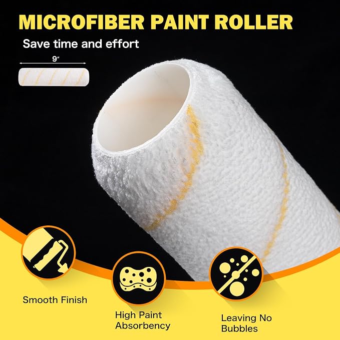 Mister Rui 17 Pieces Paint Roller Kit with 9 Inch Magnetic Tray and Liners | Wall Painting Supplies with Microfiber Roller Cover, Roller Frame, 1.5 Inch Sach Brushes, Sanding Sponge for Painting Project