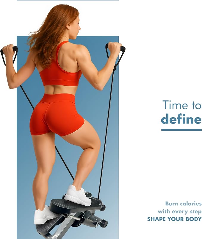 PORTENTUM Mini Steppers for Exercise Workout with Resistance Bands and LCD Display 5 Functions — Stepper 3-in-1 for Legs, Glutes and arms — Adjustable Intensity — Easy to Store Home Workout Equipment