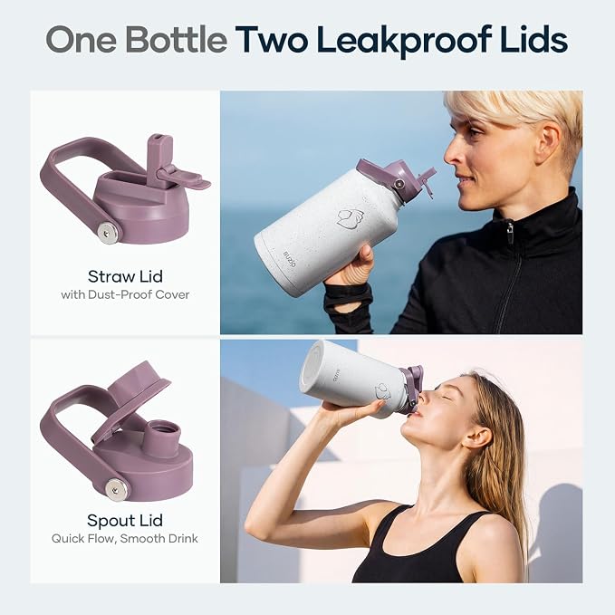 BUZIO 64oz Insulated Water Bottle with Straw Lid and Spout Cap, Stainless Steel Powder-Coat Water Flask, Keep Beverage Cold for 48 Hrs Hot for 24 Hrs Simple Thermo Canteen Mug, Starry Violet