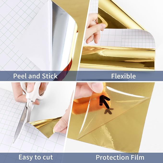 WESTICK Gold Contact Paper 15.8" x 394" Reflexible Gold Permanent Vinyl Waterproof Mirror Wall Sticker Peel and Stick Golden Wallpaper for Cabinets Refrigerators Appliance Vinyl Wrap DIY Home Decor