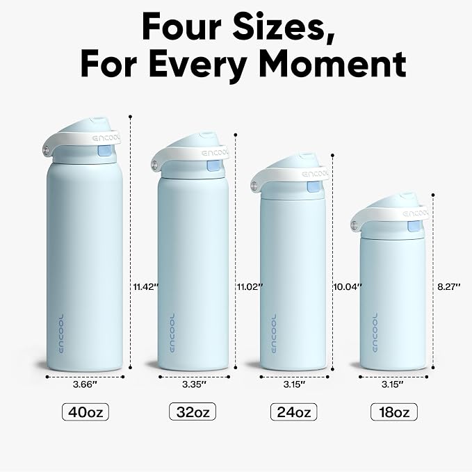 ENCOOL Leakproof Insulated Water Bottle with Straw Dual-Sip Water Bottle Bag-Safe Design for Work, Commute & Gym – Keeps Drinks Cold All Day, 18 oz, Frost Blue