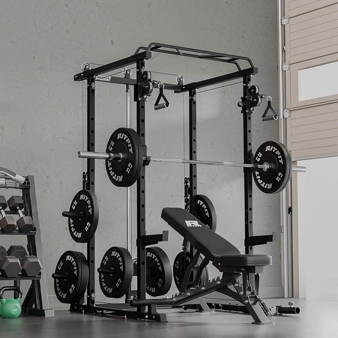 RitFit PPC-P3 Power Cage with Cable Crossover System, 1200LB Capacity | LAT Pulldown & Cable Crossover System with Bumper Plate Set, Olympic Barbell, Bench