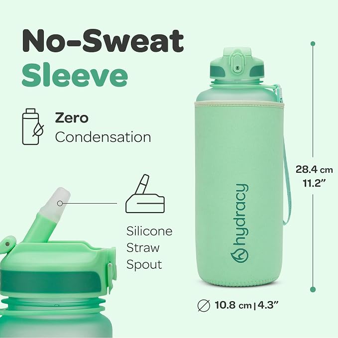 Hydracy 2L Large Water Bottle, Shatterproof, BPA Free Tritan Plastic, Leakproof, Zero Condensation, With Detachable Carry Strap, Spillproof Lid, Convenient Silicon Spout, Ideal for Gym, Yoga | Leakproof,BPA Free,No Sweat Neoprene Sleeve,Carry Strap,Dai...