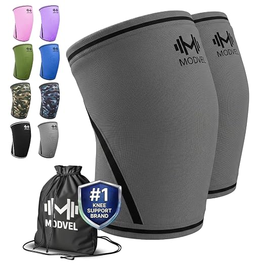 Modvel 7mm Neoprene Knee Sleeves for Men & Women Weightlifting & Powerlifting – Compression Knee Sleeve Support for Squats, Gym, Training – USPA, IPL Approved – Large Grey (Pair)