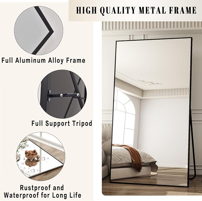 BEAUTYPEAK 76"x34" Rectangle Full Body Floor Mirrors, Full Length Mirror | Hanging or Leaning, Aluminum Alloy Frame Wall Mirror for Bedroom, Dressing Room, Black