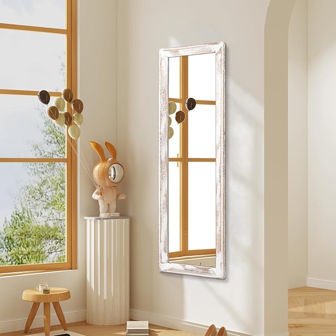 AAZZKANG Wall Mirror Full Length Rustic Wood Framed Large 43"x14" | Rectangular Full Body Mirrors for Bedroom Living Room Bathroom Entryway White Decorative