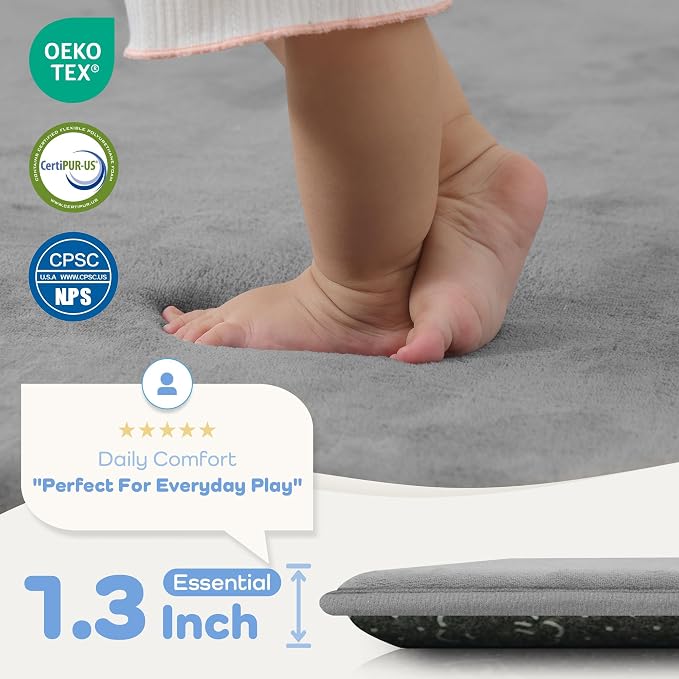 1.3" Thick Baby Floor Play Mat 59x79 Padded Foam Mats, Light Grey | Memory Mat for Baby to Play, Waterproof Easy Care with Non-Slip Tummy Time Play Mat for Nursery Playroom Classroom