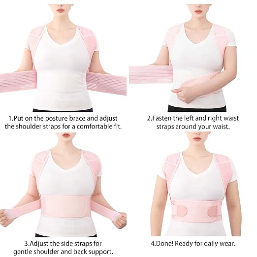 Posture Corrector for Women and Men Full Back Support Brace Adjustable Breathable Full Back Shoulder Straightener for Scoliosis (Pink, Small)