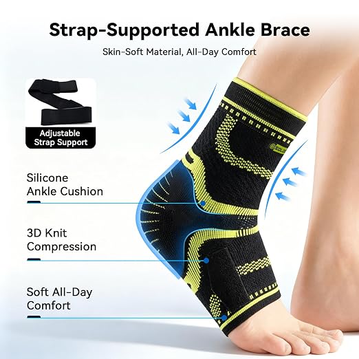 Ankle Brace for Men & Women,Sprained Ankle Support with Dual Silicone Pads,Ankle Compression Sleeve with Adjustable Strap,Targeted Compression for Plantar Fasciitis Relief (Black, X-Large)