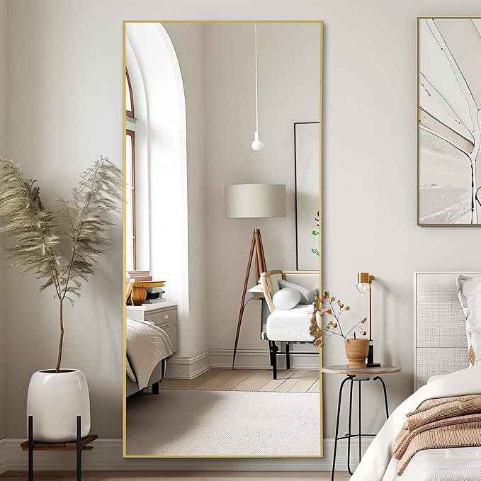 Full Length Mirror with Stand, 71"x32" Large Standing Mirror, Gold | Full Body, for Bedroom Living Room Gym, Shatterproof Tempered Glass, Leaning Wall, Hanging, Rectangular