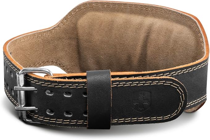 Harbinger Padded Leather Contoured Weightlifting Belt - 4" or 6” Width - Interior Suede Lining & Foam Cushioning - Heavy-Duty Dual Prong Steel Roller Buckle - for Lifting Support