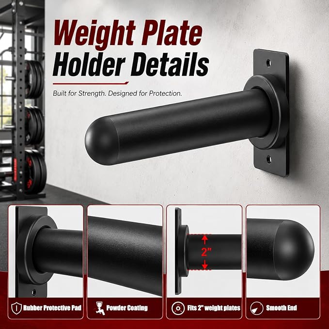 Wall Mounted Weight Plate Holder, 4 Pack, with 1 Pack Barbell Hanger | Fits 2" Weight Plates, Heavy-Duty Steel, Smooth End, Protective Rubber Pad, Space Saving for Home Gym Garage Organizer