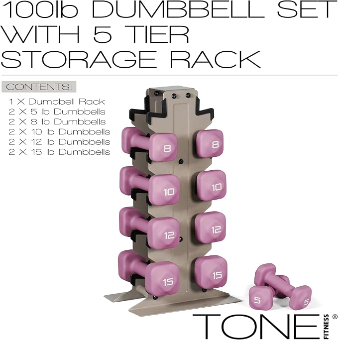 Tone Fitness Neoprene Dumbbell Set with Storage Rack – Non-Slip, Anti-Roll Hand Weights for Home Gym Workouts | 20 lb, 32 lb, 50 lb, 60 lb & 100 lb Options