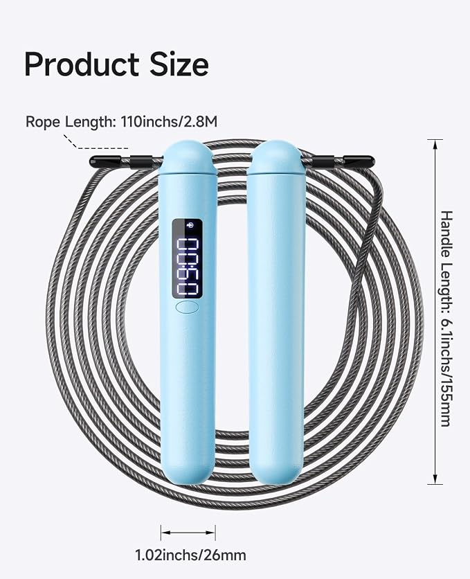 ACHDOFITS Jump Rope with Smart Counter for Adults | Tangle-free Steel Core, 170g. Fits 5'-6'5". 4 Modes: Beginner-HIIT. Rechargeable. For Women & Men. Tracks Calories & Jumps.
