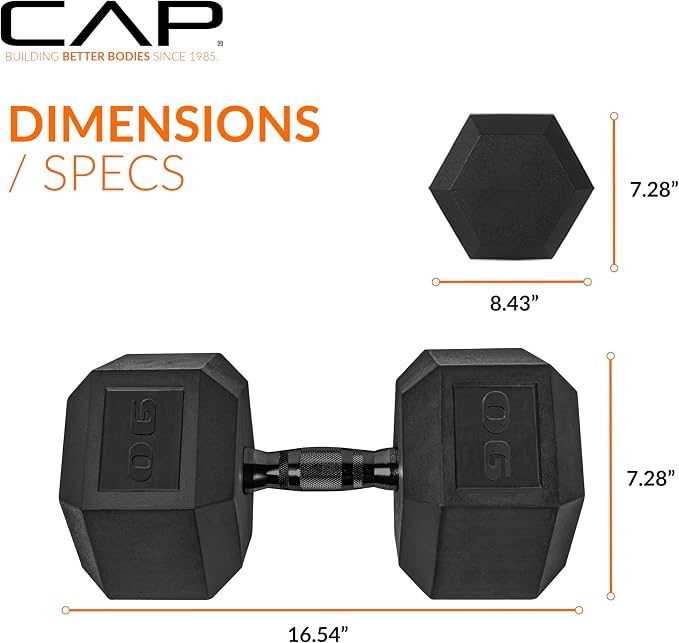CAP Rubber Coated Dumbbell Weights, Free Weights for Home Gym Strength Training, Anti-Roll Hex Dumbbells with Black, Chrome & Comfort Grip Handles, Singles