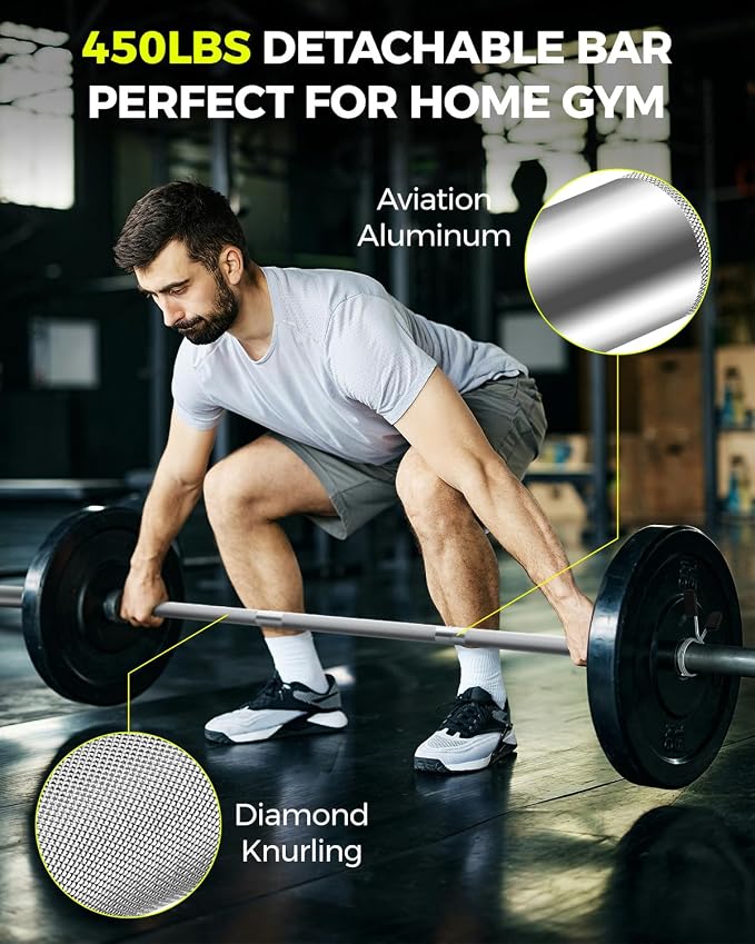 DASKING 4ft/4.9ft Barbell, 2-Inch Olympic Detachable Bar, Portable Strength Training Bar for Weightlifting, Squat, Bench Press, Home Gym, 450LBS, Includes Silent Collars