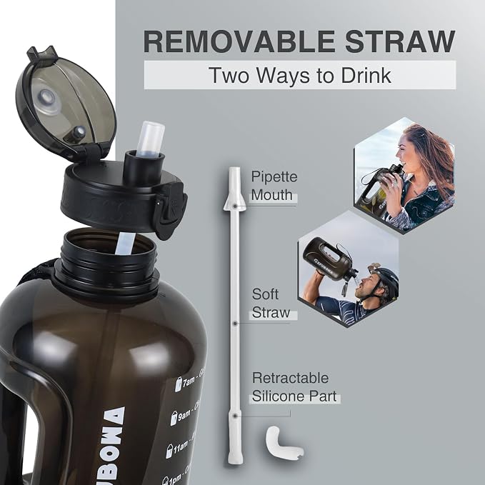 3l Big Water Bottle 3 Liter with Straw | Leak Proof Clear Motivational Time Marker Drink XL Jug Handle for Sports Gym