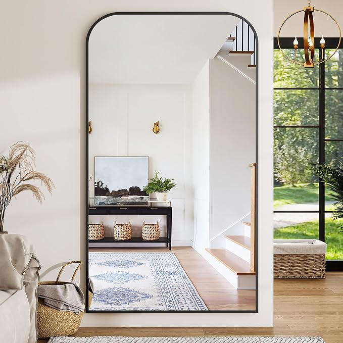 Oversized Full Length Mirror 81"x41" Arched Floor Standing Mirror | Large Full Body Mirrors with Stand - with Aluminum Frame for Bedroom Living Room, Black