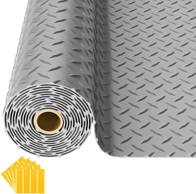 10x20 FT Garage Floor Mat, 2.8mm Thickened Diamond Plate | PVC Flooring Roll for Under Car/Garage/Warehouse/Basement/Gyms/Trailer, 200 SQFT Garage Mat, Tapes Included, Gray