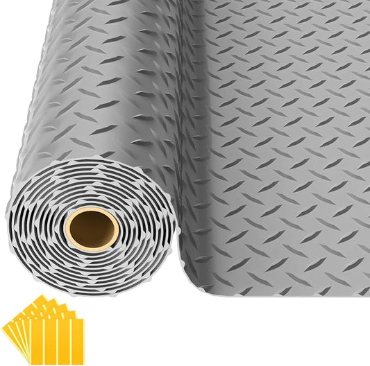 10x20 FT Garage Floor Mat, 2.8mm Thickened Diamond Plate | PVC Flooring Roll for Under Car/Garage/Warehouse/Basement/Gyms/Trailer, 200 SQFT Garage Mat, Tapes Included, Gray