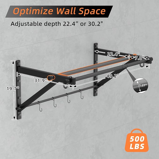 Adjustable Depth Pull Up Bar, Wall & Doorway Mounted Chin Up Bar with Hooks, Thickened Steel Construction, 500LBS Heavy Duty Capacity, Home Garage Upper Body Strength Training Equipment