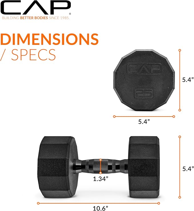 CAP Rubber Coated Dumbbell Weights, Free Weights for Home Gym Strength Training, Anti-Roll Hex Dumbbells with Black, Chrome & Comfort Grip Handles, Pairs & Sets