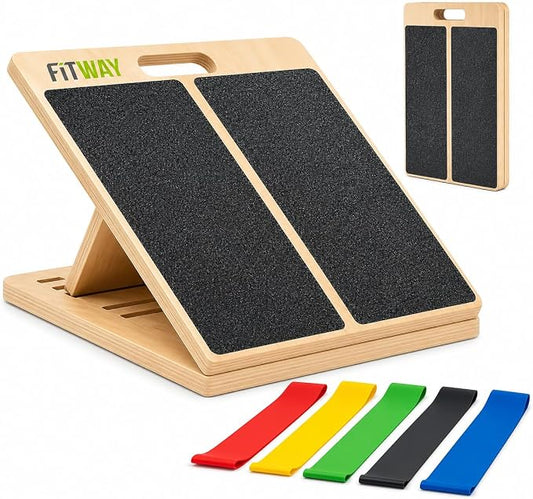 Adjustable Wooden Slant Board, 5-Level Calf Stretcher for Mobility & Rehab | Non-slip velour surface, 5-level incline, 5 resistance bands. Foldable, portable for home gym, physical therapy & rehab use.