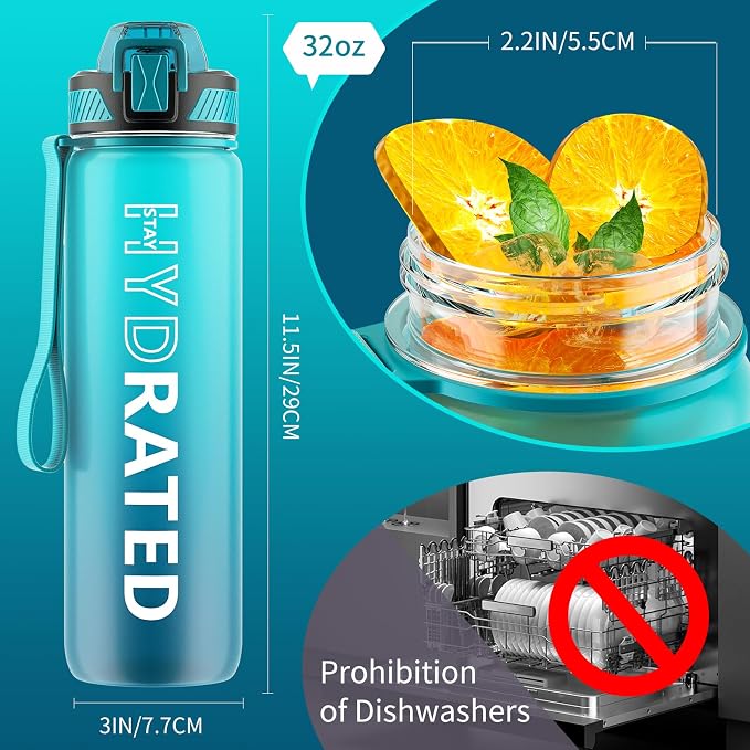 QLUR Water Bottle with Straw, 32oz Motivational Water Bottles with Time Marker to Drink, Tritan BPA Free, 1L Sports Water Bottle with Carry Strap LeakProof for Women Gym Fitness Outdoor (1 Pack)