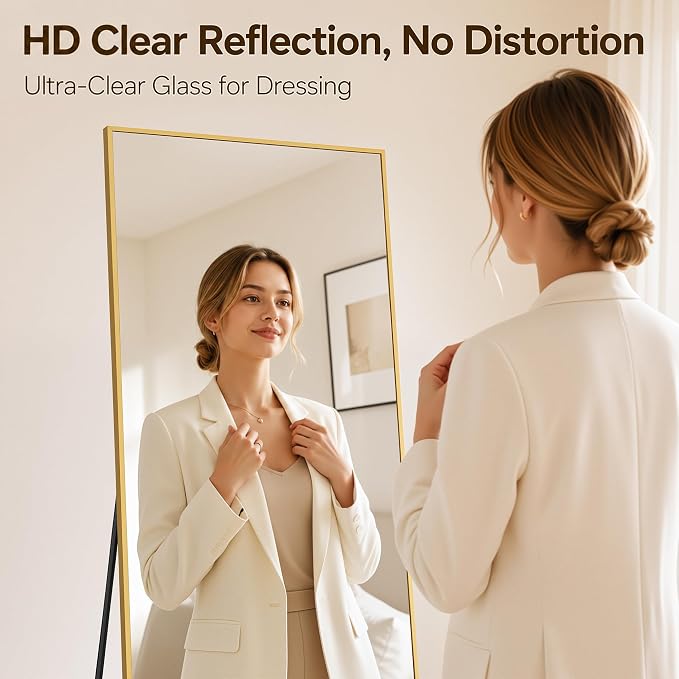 Antok Full Length Mirror, 58"x21" Floor Mirror with Stand, Hanging Mounted Mirrors for Bedroom, Living Room, Cloakroom, Dining Room, Gold, Rect