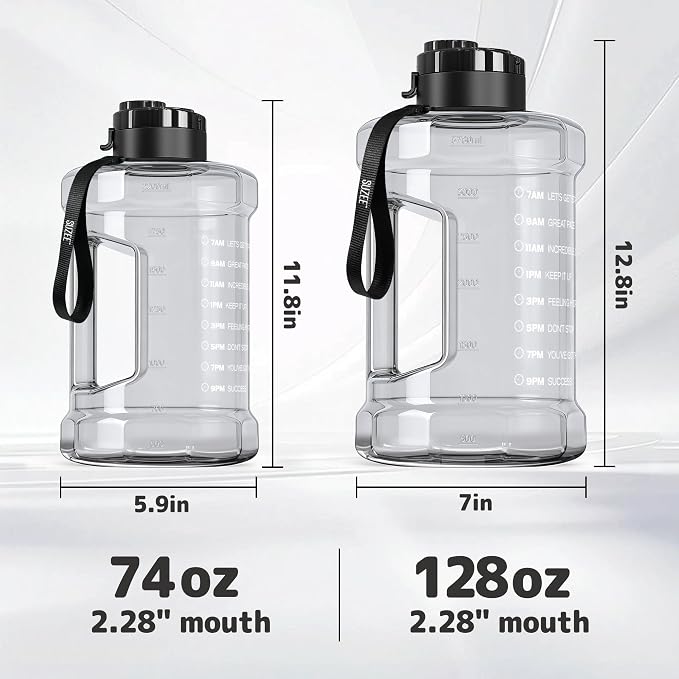 1 Gallon Water Bottle, Water Jug with Time Marker & Straw & Handle,2 Lids | BPA Free,Gallon Water Jug, Half Gallon water Bottle for Sport Gym Camping Workout Outdoors Yoga (Clear Black)