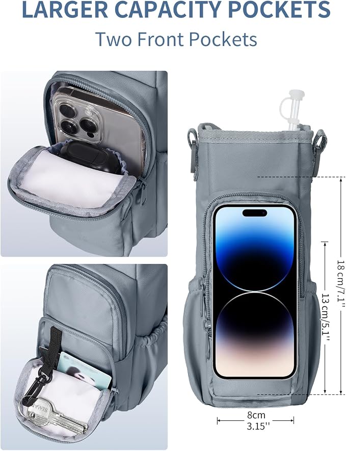sportsnew 30/40oz Crossbody Water Bottle Holder Anti-Tip Tumbler Carrier | Lightweight Bottle Sling Fits Handled Tumbler w/ Phone Pocket, Adjustable Strap, Insulated Lining, Hands-free for Hiking Gym
