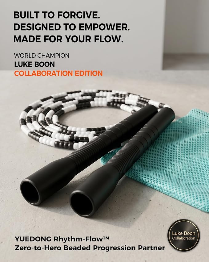 YUEDONG Soft Beaded Jump Rope for Teens & Adults, World Champion Luke Boon Collaboration, Adjustable Freestyle Jump Rope with 20cm Long Handles, Tangle-Free TPU Beads for Rhythm Training, Fitness Workout & Tricks | Luke Boon collaboration, soft TPU bea...