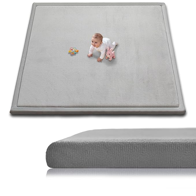 Baby Play Mat for Floor, 79'' x 79'' Thicken Foam Soft Padded Playmat for Tummy Time, Playpen Mat for Toddlers Infant Kids, Water-Repellent Coral Velvet, Non-Slip Bottom Safe for Crawling (Light Grey)