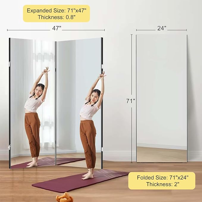NanoMirror Space-Saving 360° Folding Full Length Mirror, 71" x 47" Ultra-Large Wall Mounted Shatterproof Foldable Design for Home Gym, Yoga, Dance, Fitness Studio, Silver
