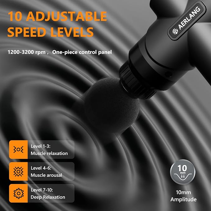 AERLANG Mini Massage Gun Portable Deep Tissue Percussion Muscle Massager | Handheld travel Massage Gun with 6 Heads 10 Speeds for Back Shoulder Leg pain relief Comes with a Carrying Case LED Display
