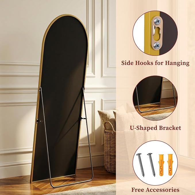 Suidia 56"x14" Arched Full Length Mirror with Stand, Full Body Mirror with Aluminum Frame, Freestanding/Leaning/Wall-Mounted, Floor Mirrors for Bedroom, LivingRoom, Entryway, Dressing Room,Gold