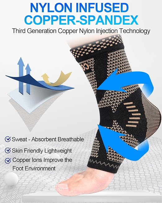 LISEPWU Copper Ankle Brace for Men & Women, Ankle Compression Sleeve 1 Pair | Infused Copper Ankle Support Sleeve for Foot Pain, Sprained Ankle, Achilles Tendonitis, Plantar Fasciitis, Daily Protection L