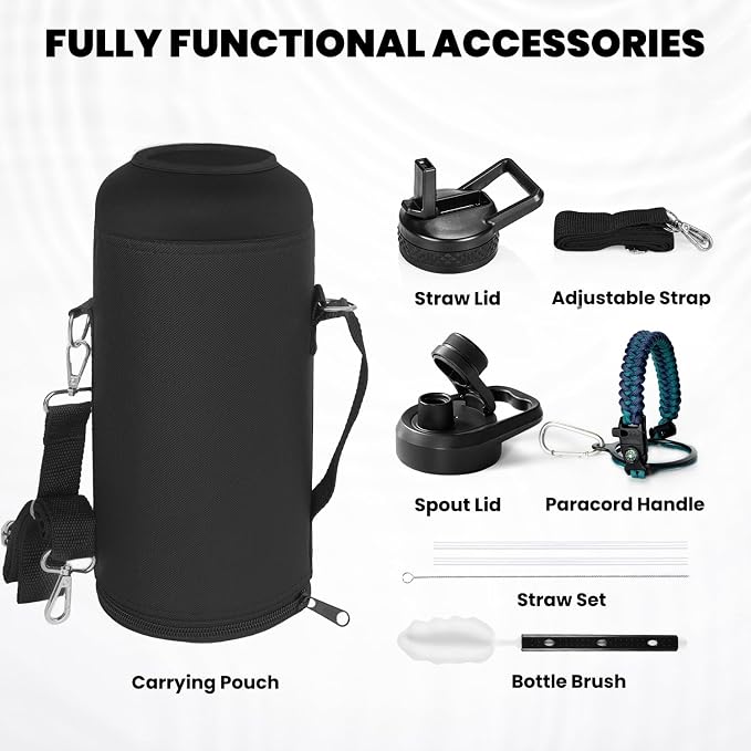 RAYMYLO Insulated Water Bottle 87 oz, Triple Wall Vacuum Stainless Steel | Cold for 48 Hrs), Leak Proof & Non-BPA, Modern Water Flask Jug with Paracord Handle & Straw Spout Lids, Cyan Blue