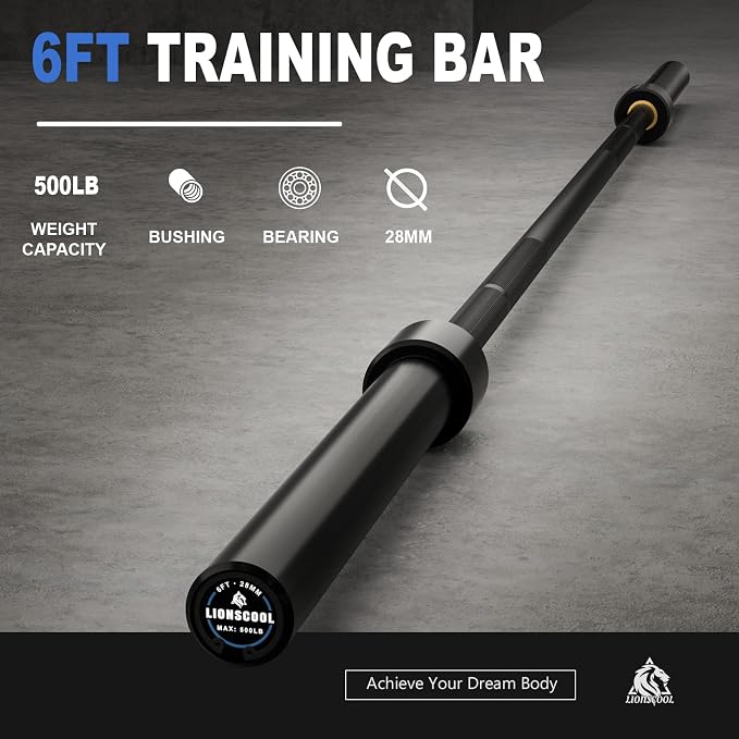 LIONSCOOL 4ft/4.9ft/6ft 2-Inch Olympic Barbell for Strength Training | Weightlifting, Squat, Curl, Deadlift, Press, Hip Thrust Straight Weight Bar, 350/500lbs Capacity, Chrome, Black, Silver, Red