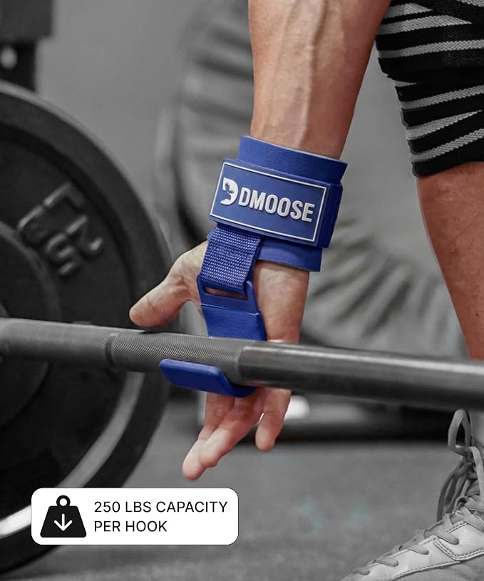 DMoose Fitness Weight Lifting Hooks (Pair) for Deadlifts, Pull Ups, Rows & Shrugs - Anti-Rip Nylon Strap Hand Grips with Thick Wrist Padding - Heavy Duty Wrist Straps for Weightlifting & Gym Workouts