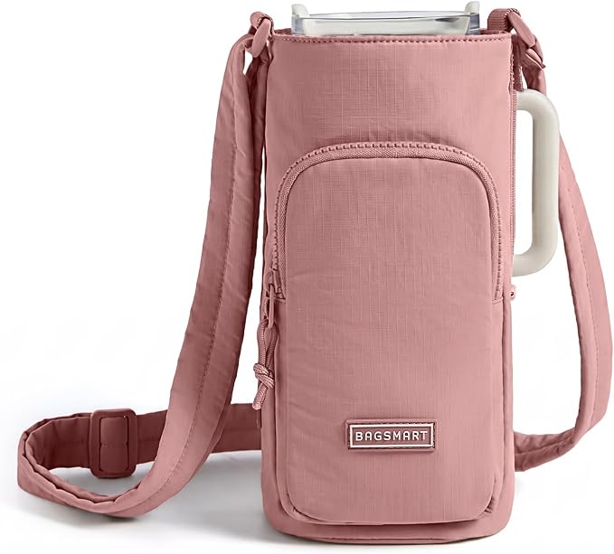 BAGSMART 40oz Water Bottle Holder with Strap, Quilted Gym Accessories | Magnetic or Classic Design, Lightweiht Tumbler Drink Carrier, Quilted Crossbody Purse