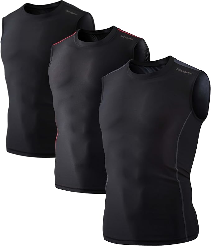 DEVOPS 3 Pack Men's Compression Shirts Sleeveless Tank Top Baselayer | Gym Training, Running, Moisture Wicking, Compression Fit, 4-Way Stretch, UPF 50+, Sleeveless